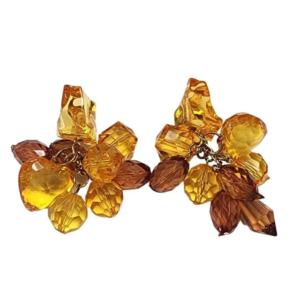 Vintage 60s-70s Faceted Cluster Beaded Clip on Earrings Yellow and Brown